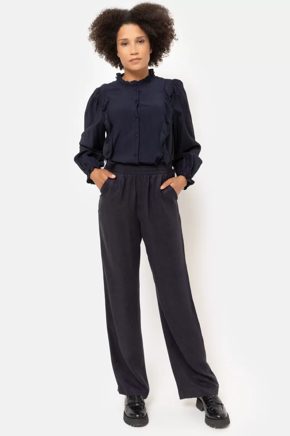 Hot Navy Trousers With Loose, Straight Legs Women Pants & Jeans