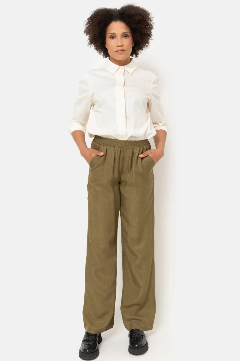 New Olive Green Trousers With Loose, Straight Legs Women Pants & Jeans