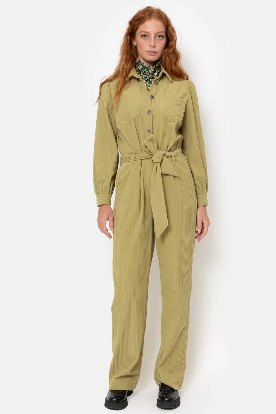 Clearance Olive Green Velvet Jumpsuit With Long Sleeves Women Pants & Jeans