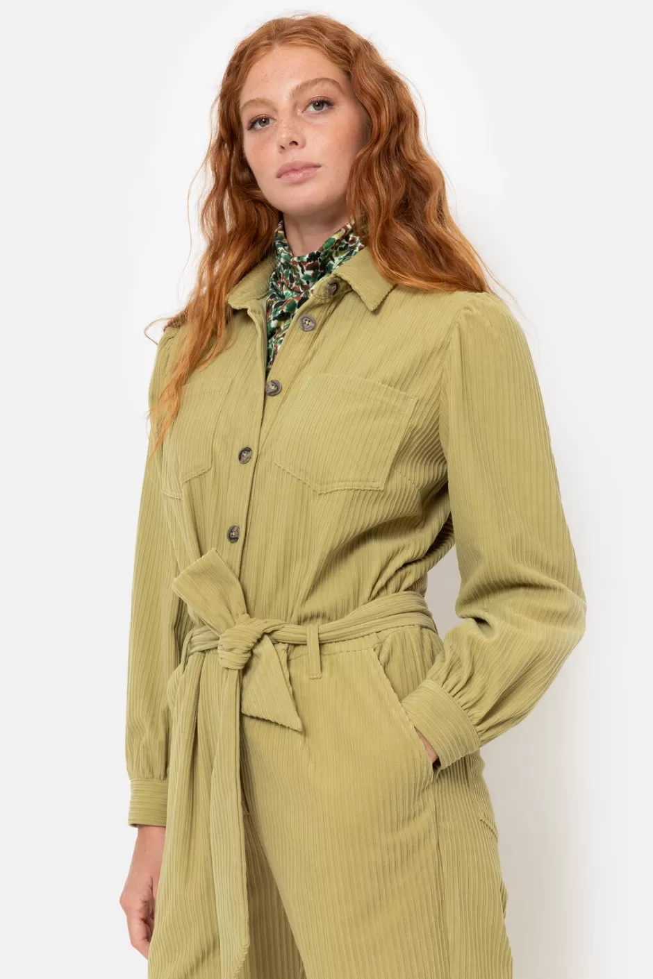 Clearance Olive Green Velvet Jumpsuit With Long Sleeves Women Pants & Jeans