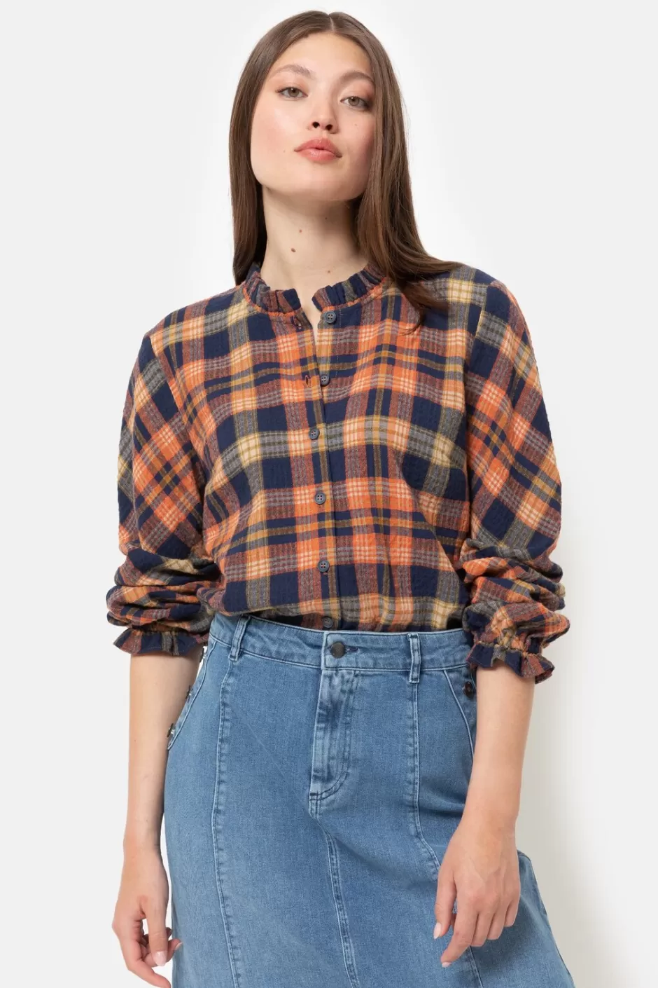 Sale Orange-Blue Checked Blouse With Fringes Women Blouses