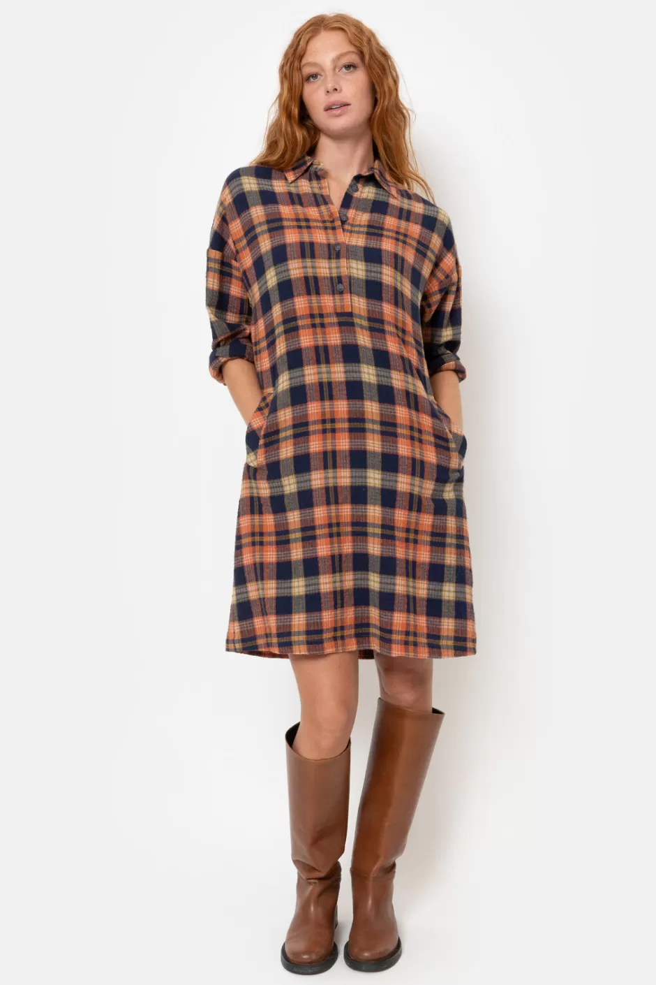 Best Orange-Blue Checked Shirt Dress With Long Sleeves Women Dresses