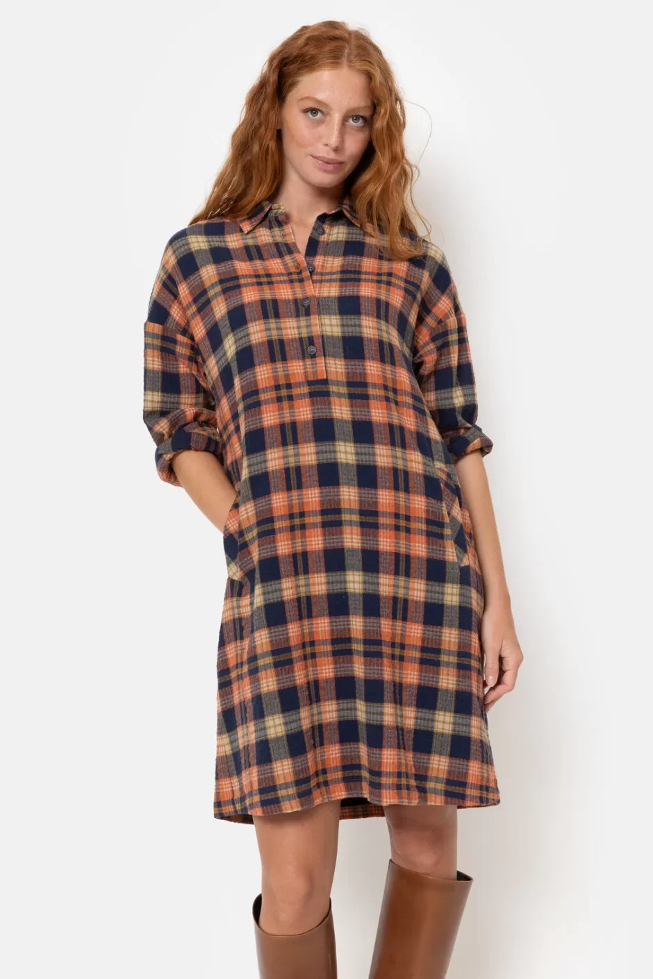 Best Orange-Blue Checked Shirt Dress With Long Sleeves Women Dresses