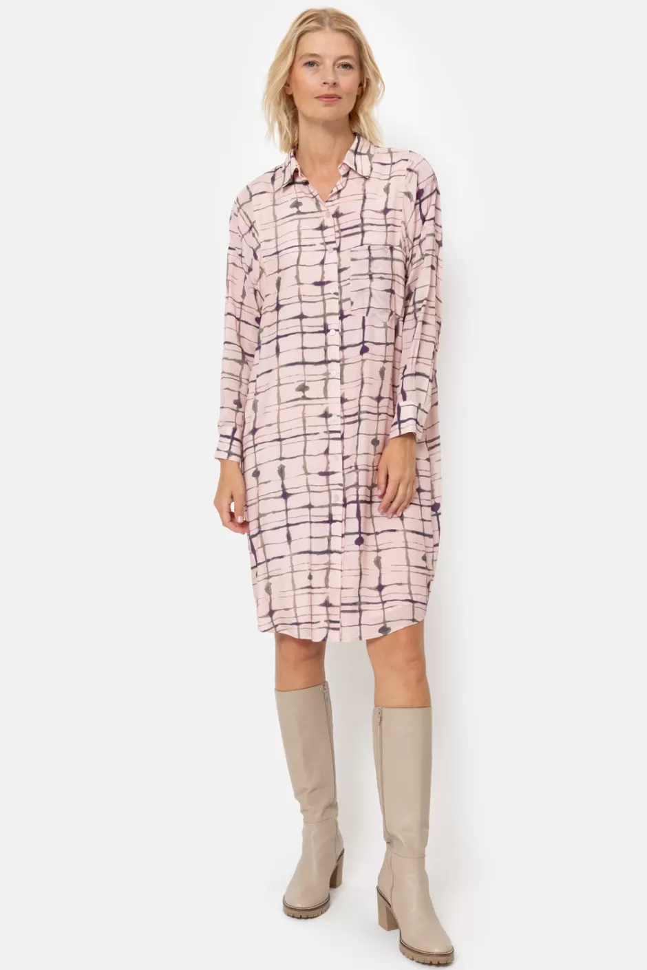 Best Sale Pink Checked Blouse Dress With Long Sleeves Women Dresses