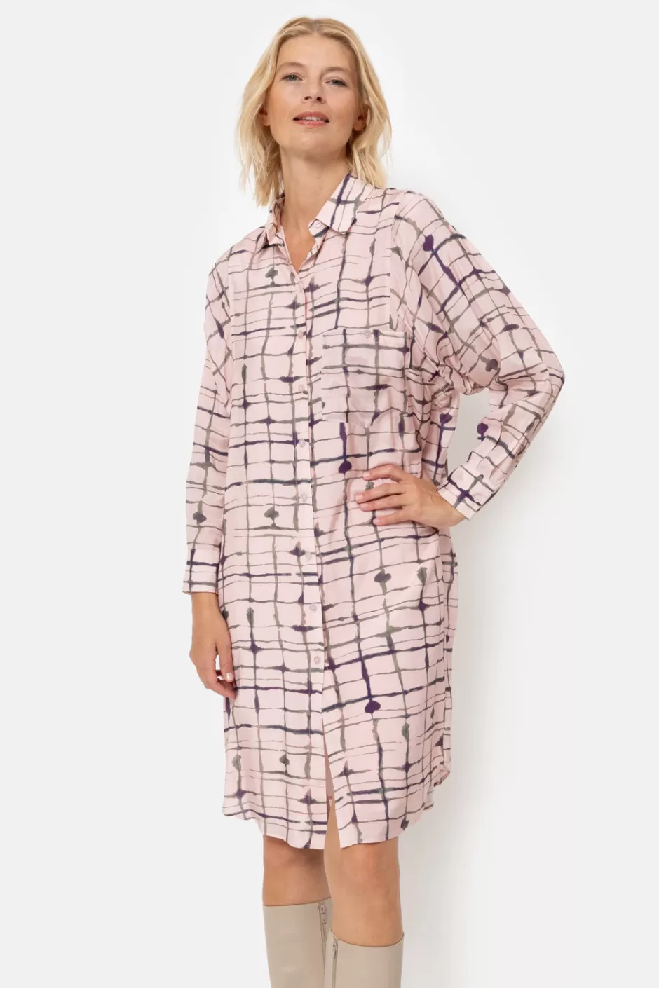 Best Sale Pink Checked Blouse Dress With Long Sleeves Women Dresses