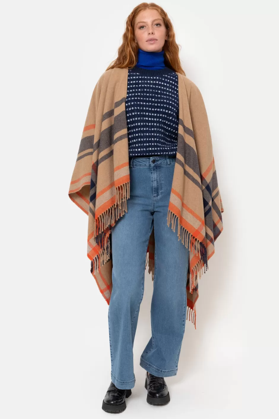 Best Sale Poncho With Blue-Orange Stripes Women Accessories