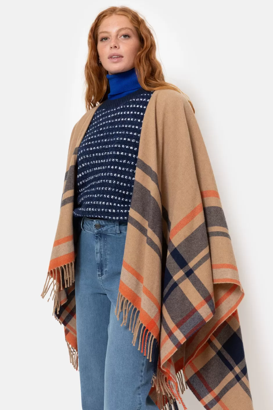 Best Sale Poncho With Blue-Orange Stripes Women Accessories