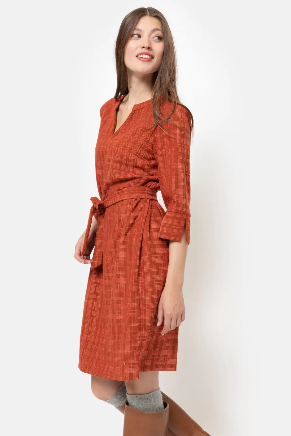 Clearance Rust Brown Checked Dress With 3/4 Sleeves And V-Neck Women Dresses