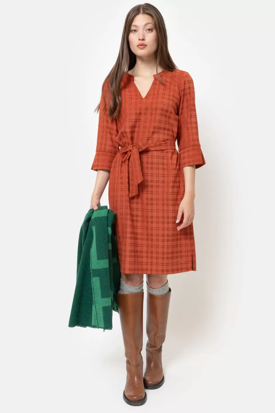 Clearance Rust Brown Checked Dress With 3/4 Sleeves And V-Neck Women Dresses