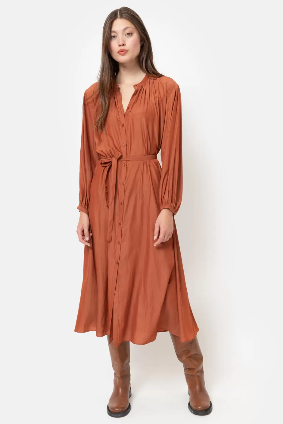 Fashion Rust Dress With Long Sleeves And Buttons Women Dresses