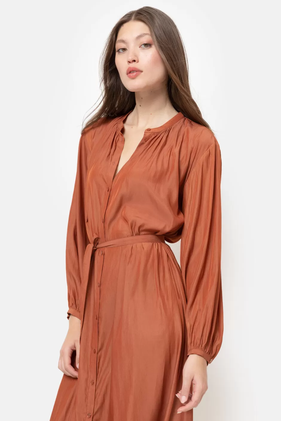 Fashion Rust Dress With Long Sleeves And Buttons Women Dresses