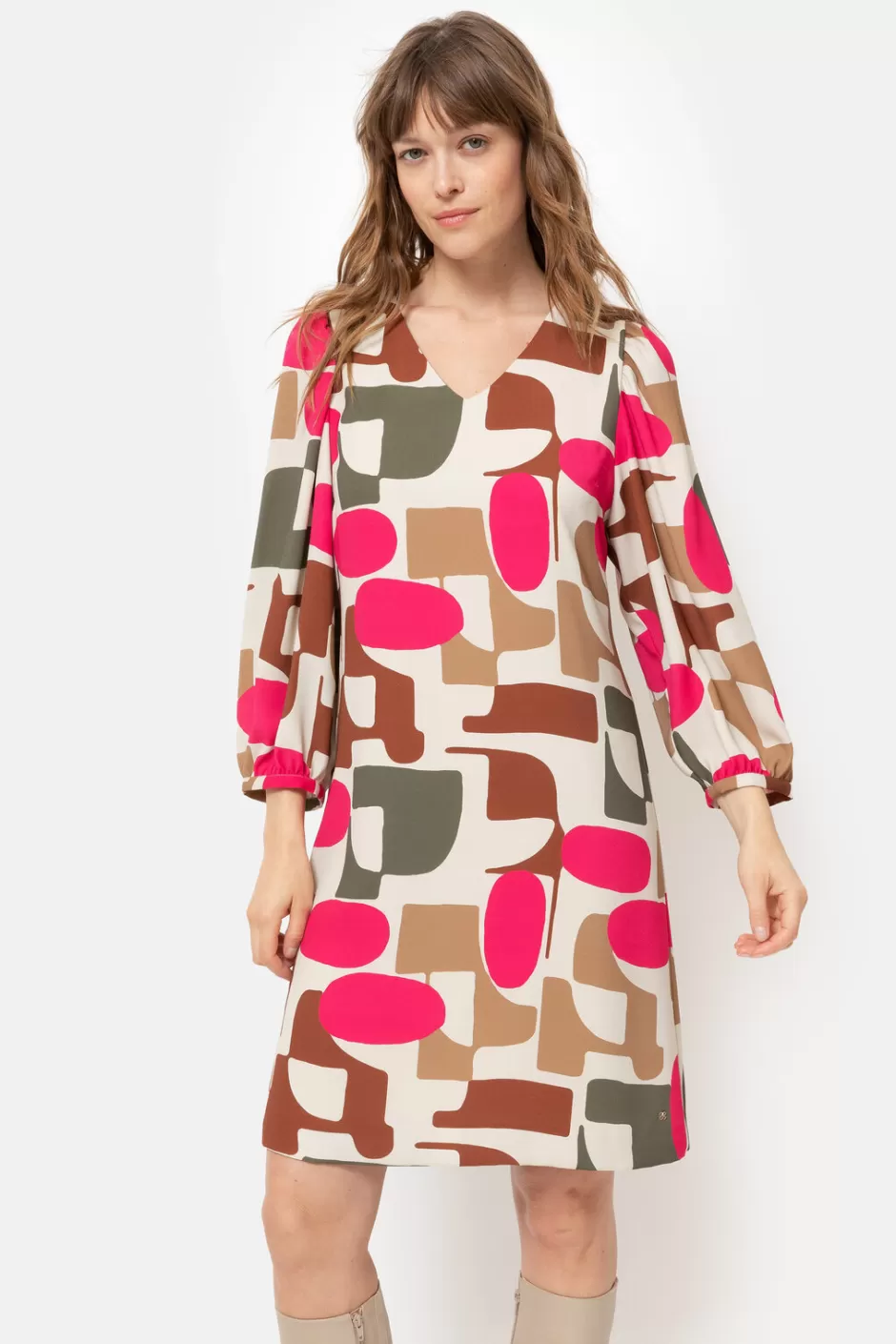 Hot Short Beige Dress With Fuchsia-Brown Retro Print Women Dresses