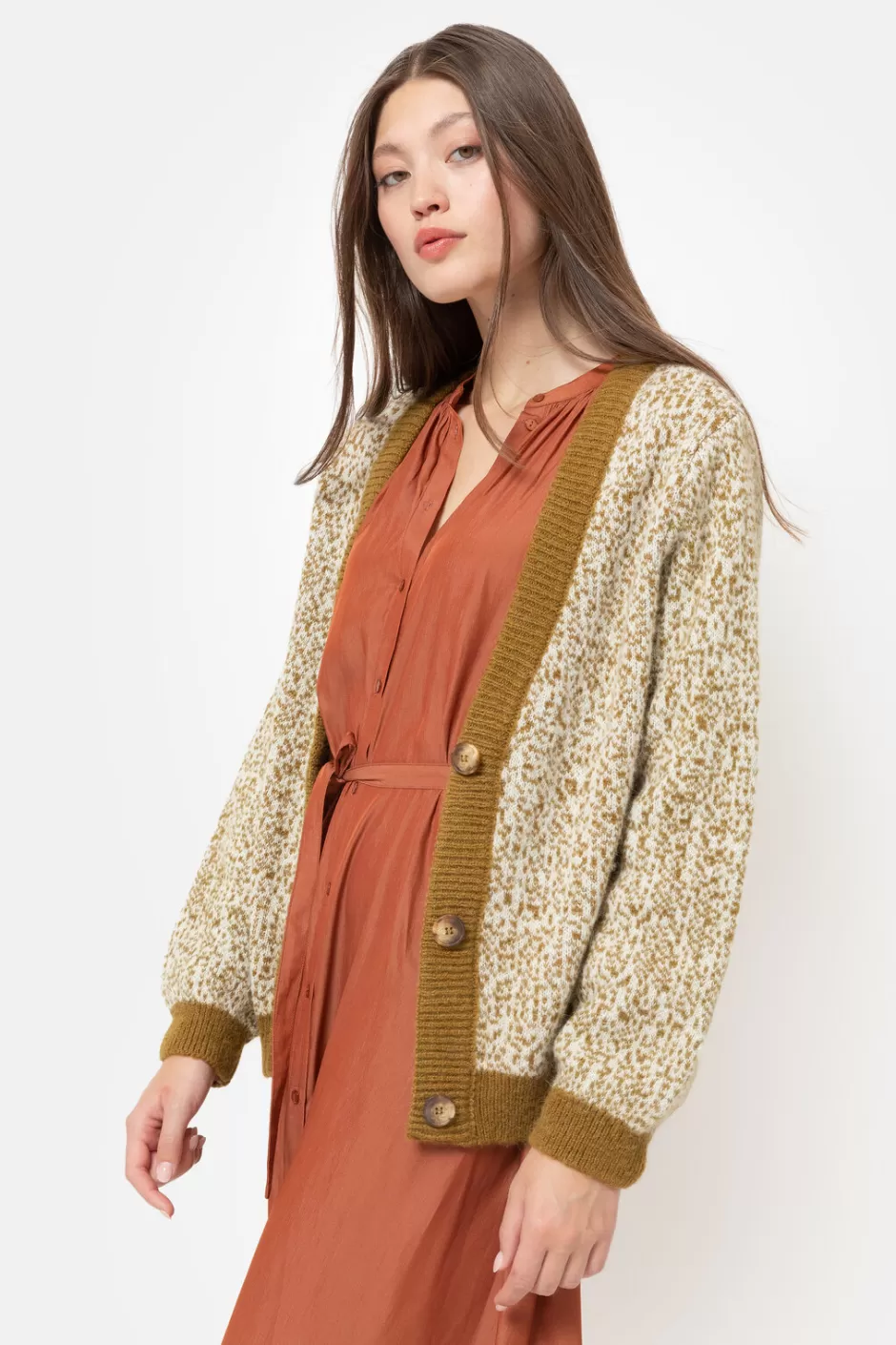 Hot Short Green-Beige Cardigan With Plain Cuffs Women Pullovers & Cardigans