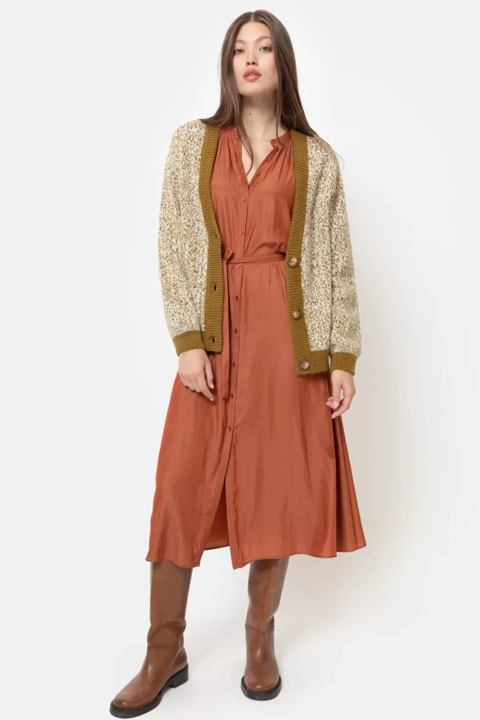 Hot Short Green-Beige Cardigan With Plain Cuffs Women Pullovers & Cardigans