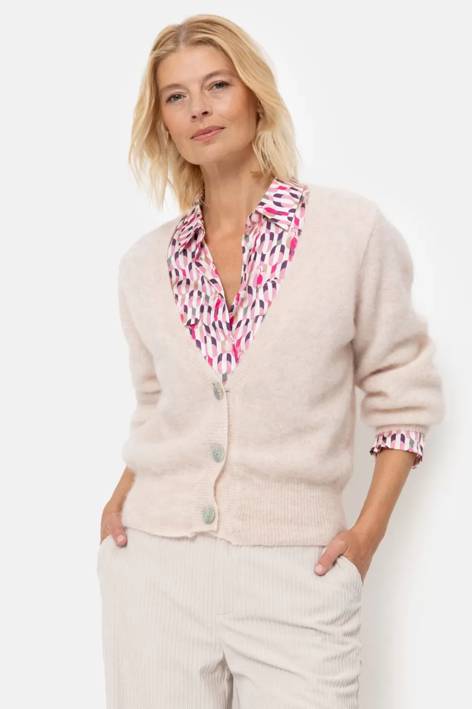 Shop Short Light Beige Cardigan With V-Neck And Buttons Women Pullovers & Cardigans