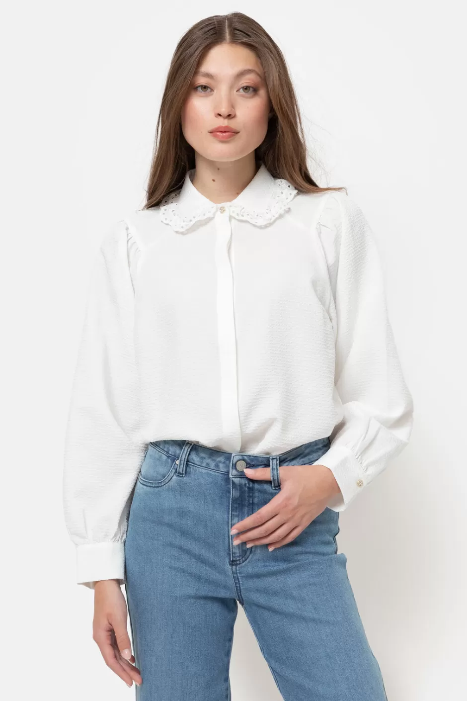 Flash Sale White Blouse With Embroidery Collar And Wide Sleeves Women Blouses