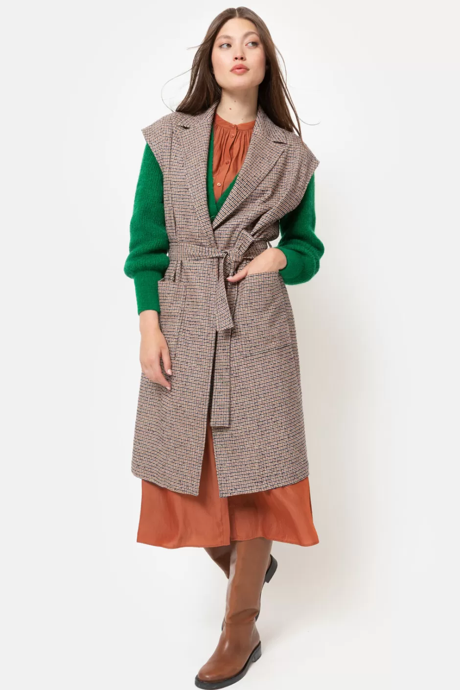 Best Women'S Beige-Brown Checked Sleeveless Coat Women Coats & Jackets