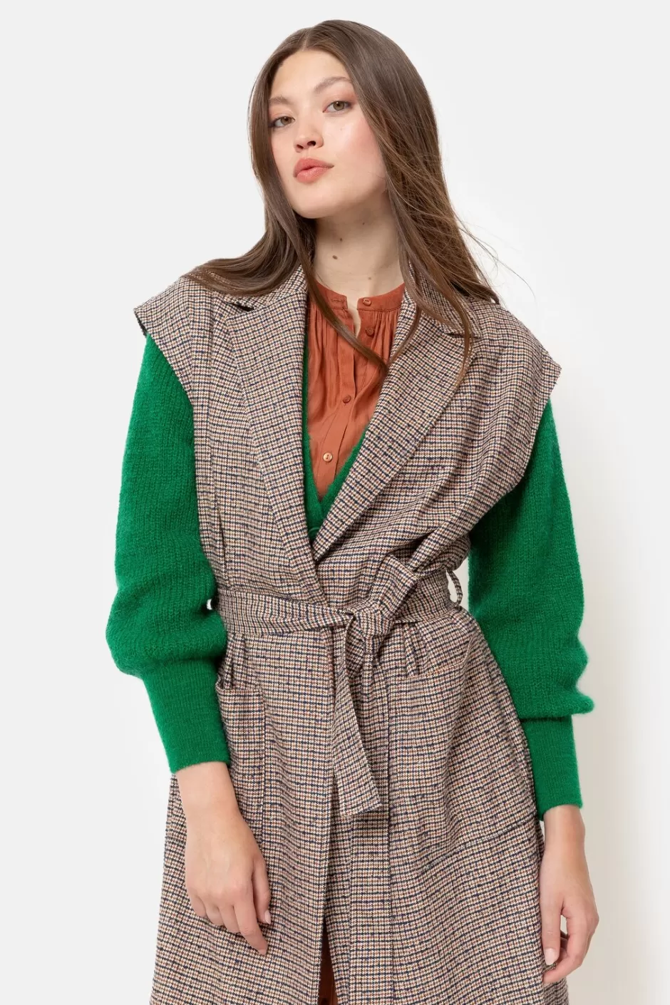 Best Women'S Beige-Brown Checked Sleeveless Coat Women Coats & Jackets