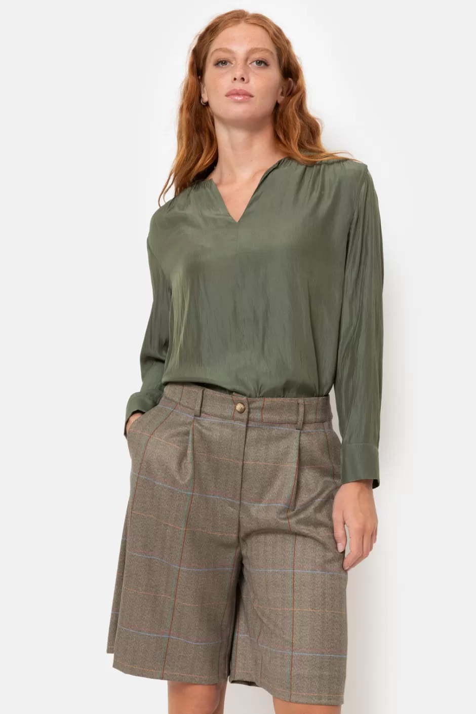 Best Sale Women'S Khaki Blouse With Smock And Long Sleeves Women Blouses