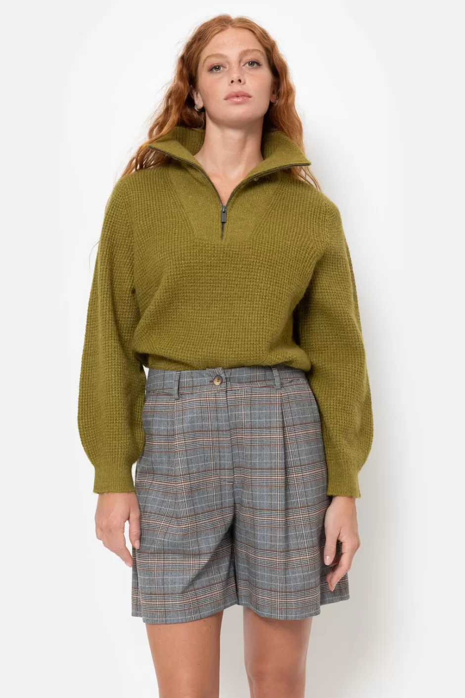 Online Women'S Olive Green Jumper With Zip Collar Women Pullovers & Cardigans